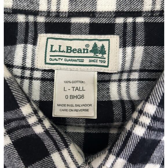 LL Bean Mens Flannel Button Up Long Sleeve Shirt Plaid Black White XL Tall - Picture 5 of 6